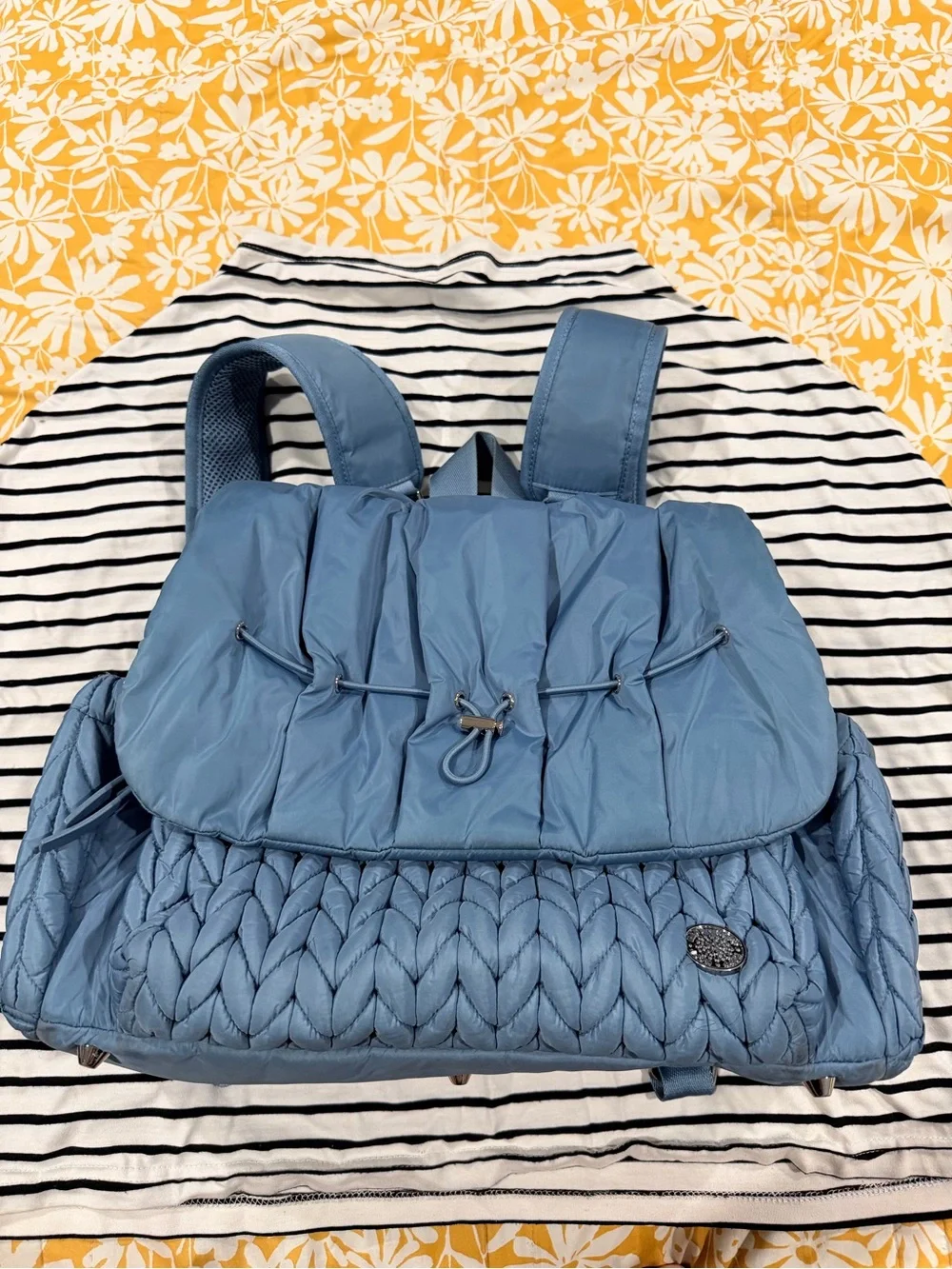 Stylish Slate Blue Quilted & Knit-Texture Baby Bag Backpack HAPP